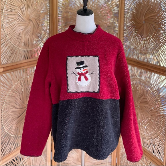 C&B Sport by Croft and Barrow Red Pullover Christmas Fleece Sweater Snowman L - Picture 1 of 7